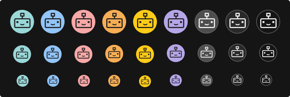 Chatbot avatar color variants on a dark theme/mode background, showing the robot icon in large, medium, and small sizes across eight colors: teal, blue, pink, orange, yellow, purple, gray, and black.