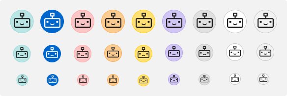 Chatbot avatar color variants on a light theme/mode background, showing the robot icon in large, medium, and small sizes across eight colors: teal, blue, pink, orange, yellow, purple, gray, and white.