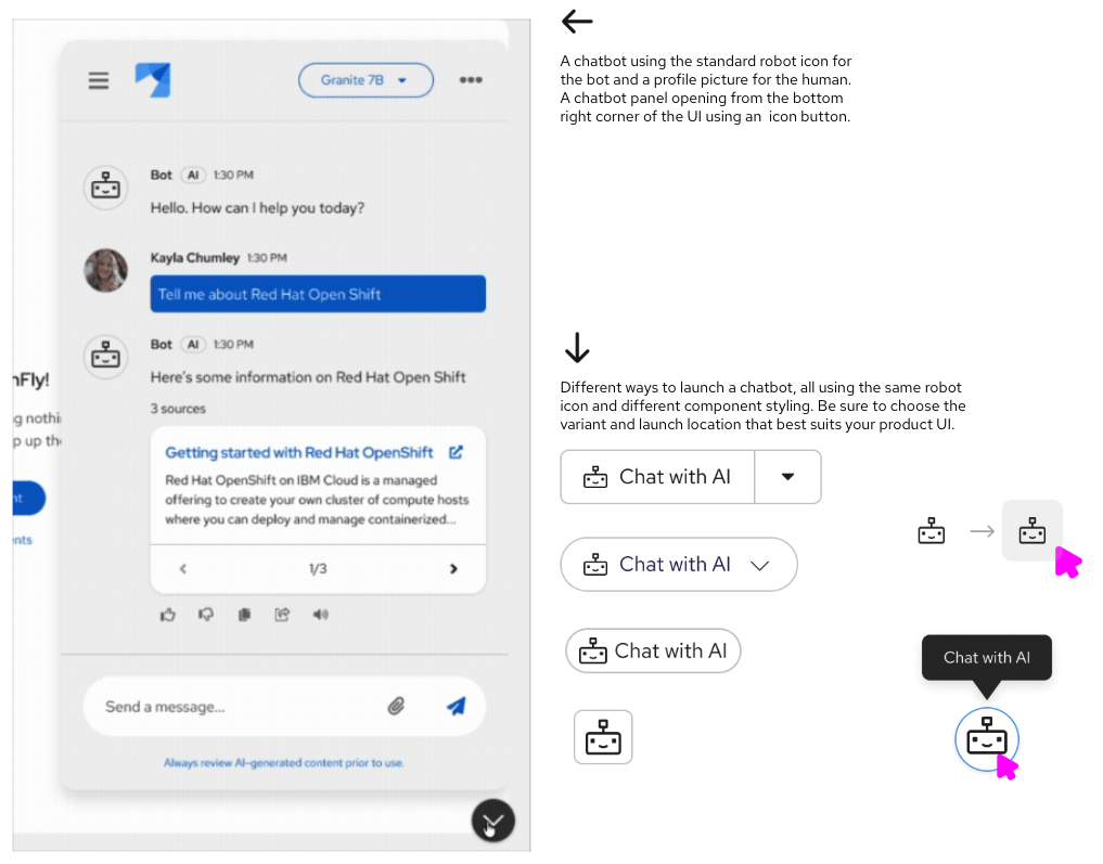 PatternFly chatbot UI screenshot with examples of chatbot launch buttons, using the robot icon