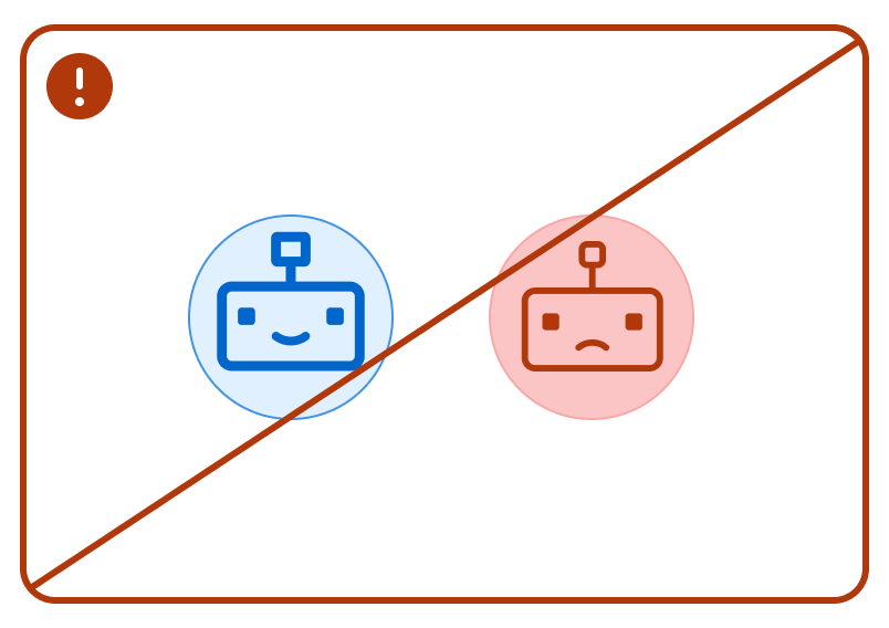 Crossed out robot avatars that have been recolored to express emotion—blue for happy and red for sad.