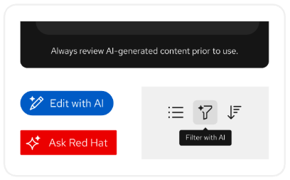 Example including "Edit with AI" and "Ask Red Hat" buttons and an AI filter icon button all matching the expected UI colors