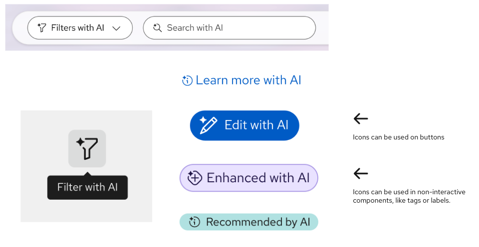 Examples of the AI sparkle within different UI icons throughout the user interface, like an edit button, filters with AI dropdown, and a search with AI input.