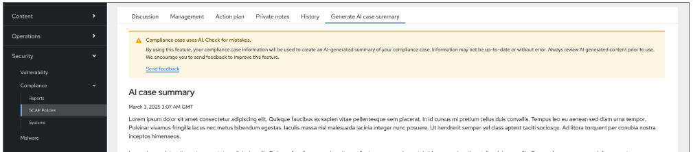 Inline alert warning component shown above an AI case summary within a security application, with "Compliance case uses AI. Check for mistakes..." guidance