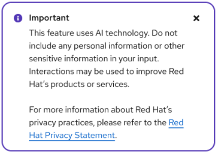 Toast alert info component with "Important. This feature uses AI technology. Do not include any personal information..." guidance