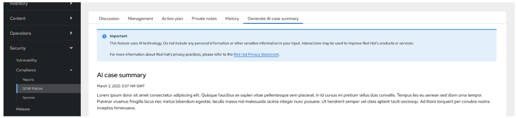 Inline alert info component shown above an AI case summary within a security application, with "Important. This feature uses AI technology..." guidance