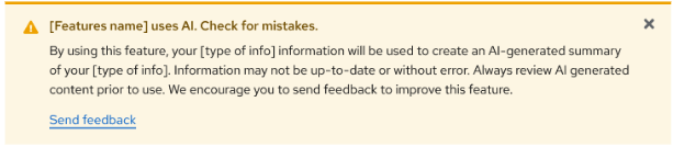 Inline alert warning component with "[Feature name] uses AI. Check for mistakes." guidance